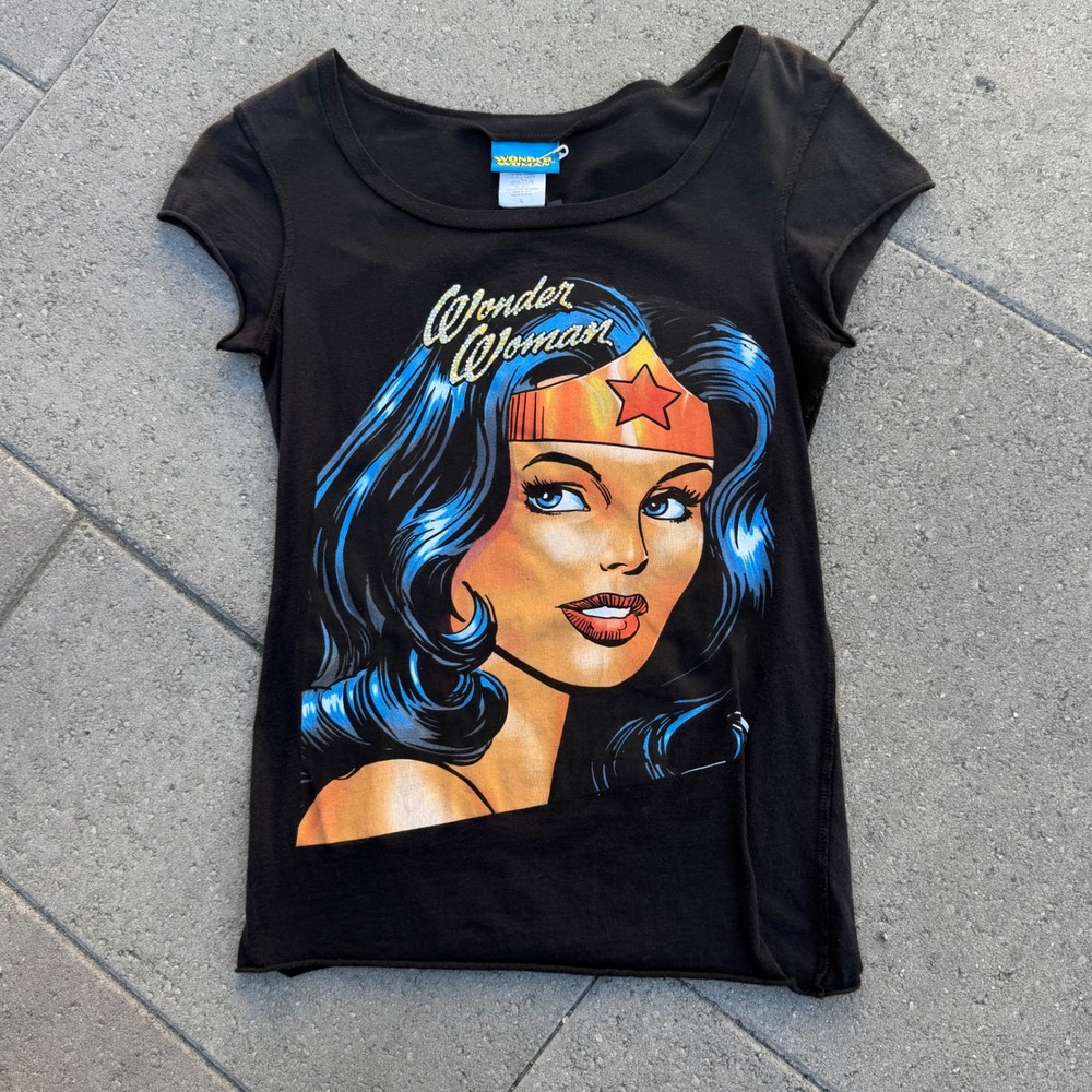 Wonder Woman DC Comics Graphic T-Shirt Black Rhinestone Cap Sleeve Y2K Large